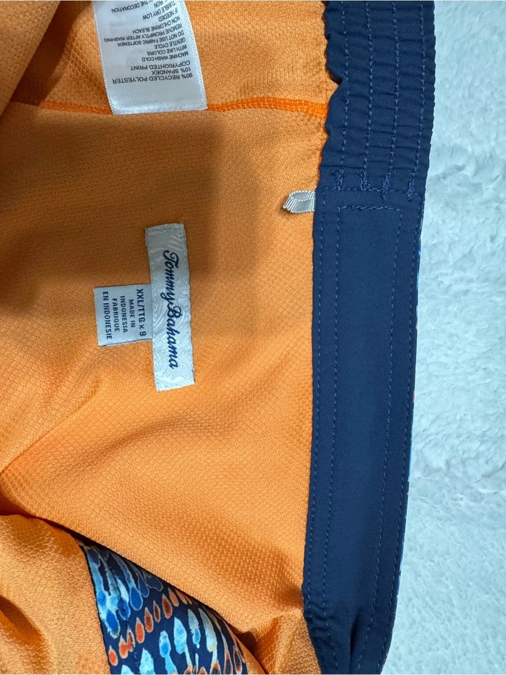 Tommy Bahama Orange Lined Navy Swim Shorts with Patterned Trim